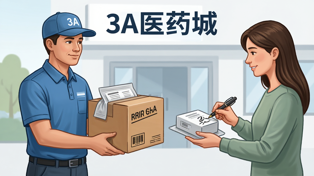 一张“3A医药城”配送场景示意图,主体为快递员将药品包裹递到用户手中,布局左侧为配送员与包裹,右侧为用户签收动作,排版自然,风格为写实插画风,细节包含药袋标识与配送箱,画质高清,画面干净,无多余元素。