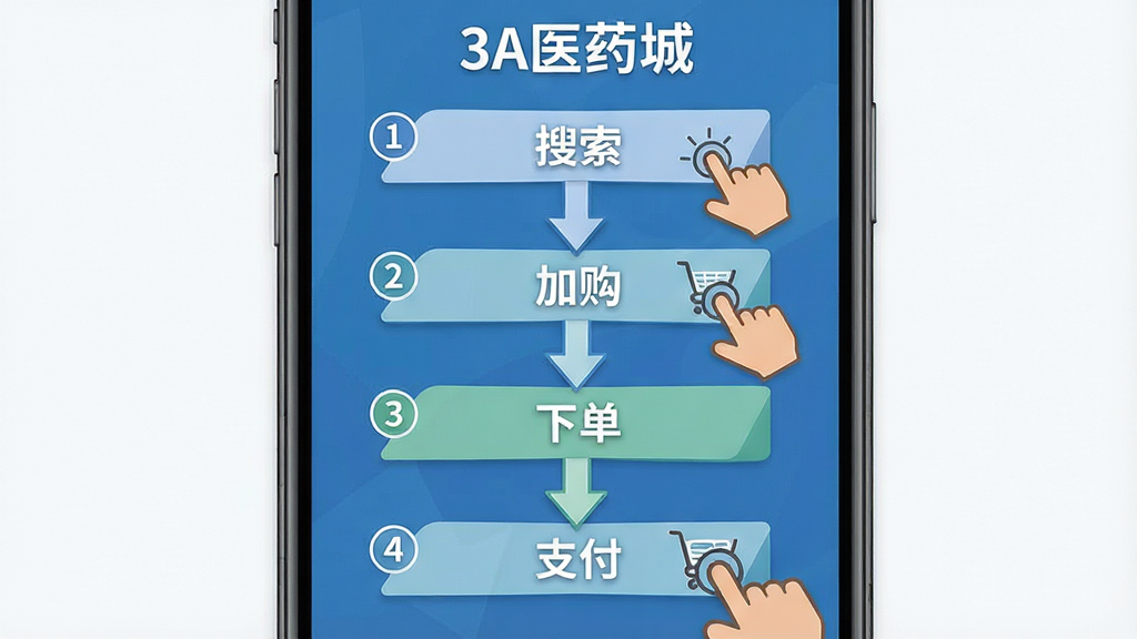 一张“3A医药城”新手操作指引示意图,主体为手机屏幕显示分步操作箭头,布局从上到下依次为搜索、加购、下单、支付四个步骤,排版清晰,风格为扁平化教程风,细节包含数字序号与手指点击图标,画质高清,画面干净,无多余元素。