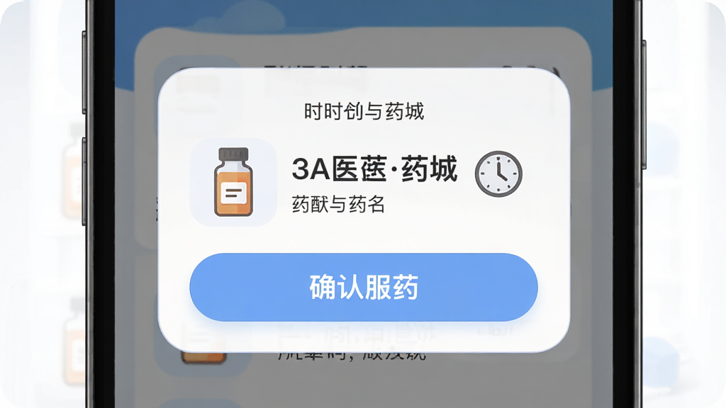 一张“3A医药城”用药提醒功能展示图,主体为手机界面弹出提醒弹窗,布局上方为时间与药名,中部为确认服药按钮,排版简洁,风格为柔和圆角卡片风,细节包含药瓶图标与时钟元素,画质高清,干净无干扰,无多余元素。