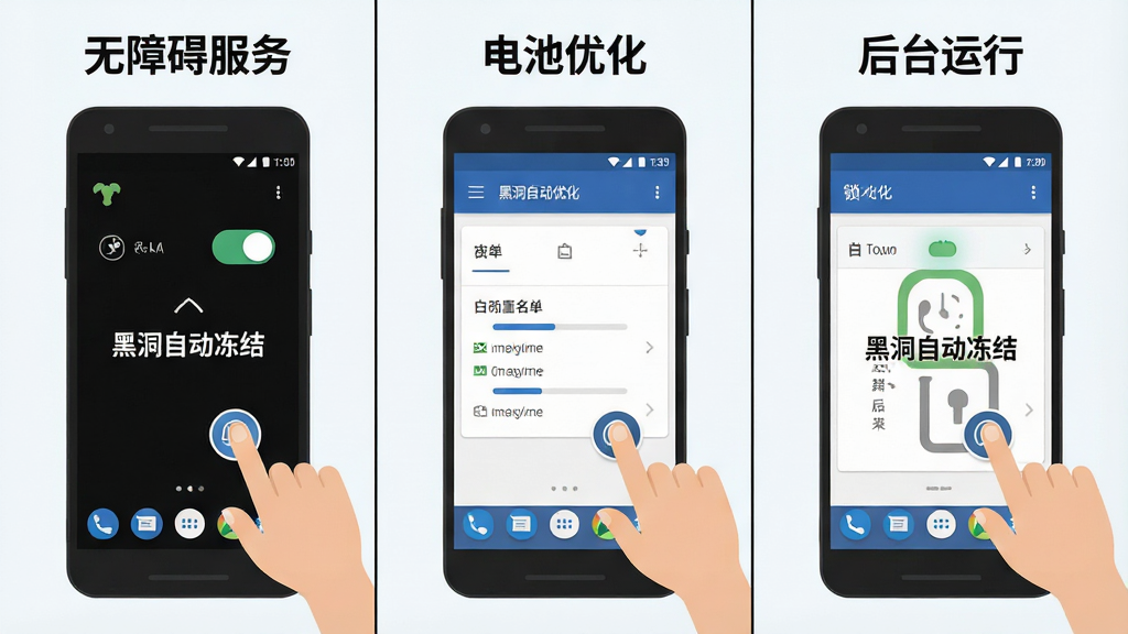 一张展示安卓手机权限设置步骤的示意图,画面分为三格,第一格显示“无障碍服务”开关,第二格显示“电池优化”白名单,第三格显示“后台运行”锁定,布局为横向三格排列,风格为扁平化教程插画,细节包含每格有手机屏幕和手指点击动作、文字“黑洞自动冻结”清晰可见,画质为高清,干净,无多余元素