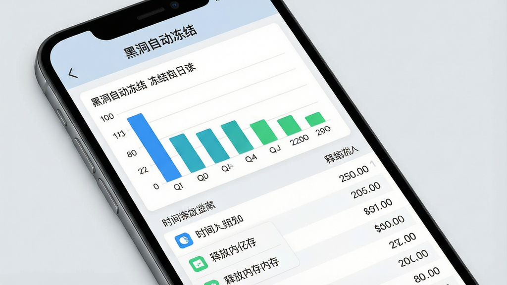 一张展示数据统计图表的图片,画面中手机屏幕显示“黑洞自动冻结”的冻结日志页面,包含柱状图和列表,柱状图显示不同应用的冻结次数,列表显示时间和释放内存数值,布局为上下结构,风格为简约商务风,细节包含图表颜色为蓝色和绿色、文字清晰、背景为浅灰色,画质为高清,干净,无多余元素