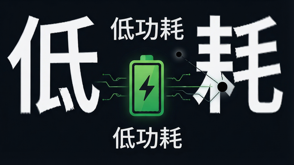 一张展示低功耗运行的示意图,画面中央是一个绿色电池图标,周围有微小的电流线条连接到一个黑色小圆点,代表“黑洞自动冻结”服务,布局为居中构图,风格为极简科技风,细节包含电池图标有闪电符号、背景为深色、文字“低功耗”清晰可见,画质为高清,干净,无多余元素