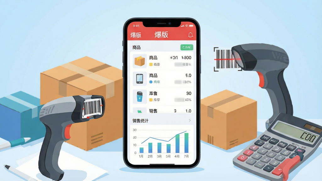 一张展示手机进销存管理应用的场景图,画面中央是一部竖屏智能手机,手机屏幕上显示着“爆版”软件的库存管理界面,界面中有商品列表、库存数量、销售统计图表等元素,手机周围环绕着商品包装盒、条形码扫描枪、计算器等办公用品,背景是简洁的浅蓝色渐变,整体布局居中,风格为现代扁平化插画,细节清晰,画质干净,无多余元素