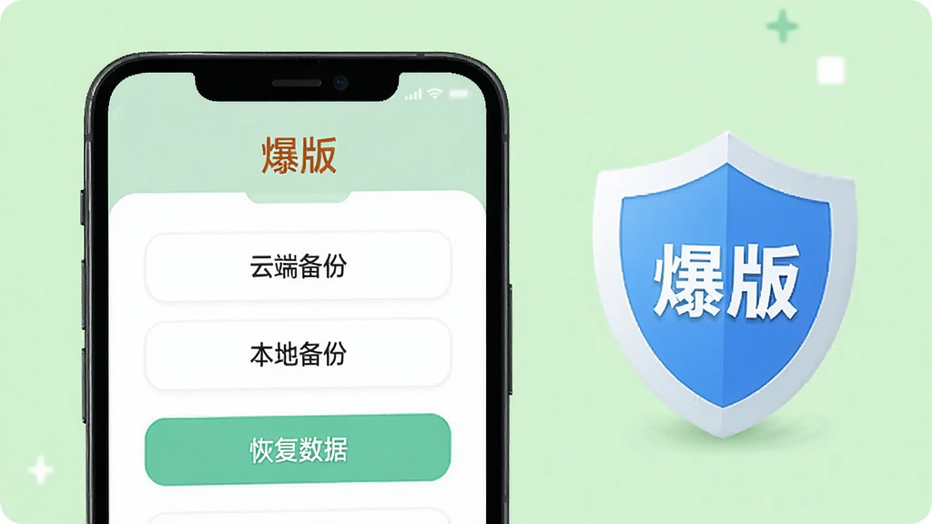 一部手机屏幕显示“爆版”软件的数据备份界面,界面中有“云端备份”“本地备份”“恢复数据”等按钮,手机旁边有一个盾牌图标代表数据安全,背景为浅绿色,整体风格简洁明快,画质清晰,无多余元素