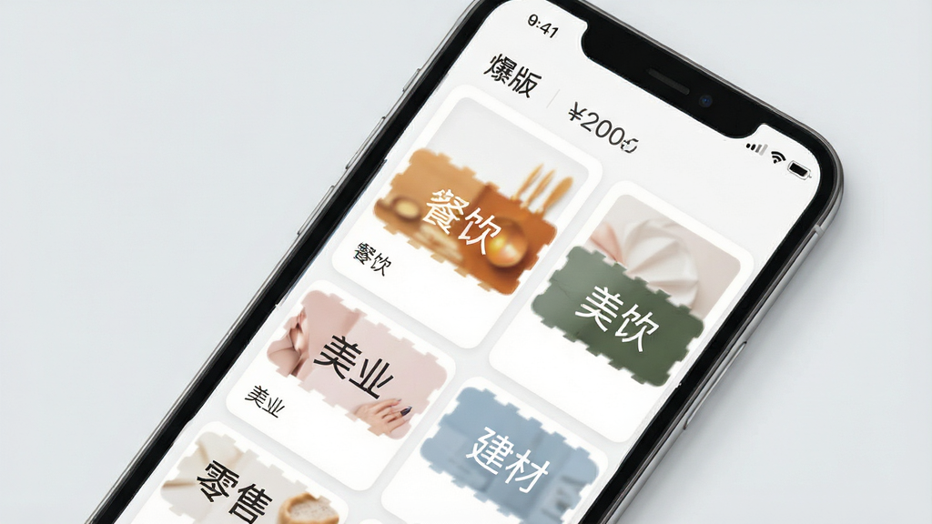 一张展示“爆版”软件模板选择界面的图片,画面中手机屏幕显示多个行业模板卡片,卡片上标注着“零售”“餐饮”“美业”“建材”等字样,卡片排列整齐,背景为柔和的浅灰色,整体风格简约清新,细节清晰,画质干净,无多余元素
