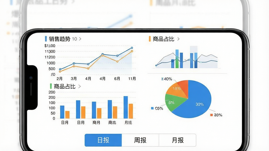 一张展示“爆版”软件经营报表界面的图片,手机屏幕上显示折线图、柱状图和饼图,图表中标注着销售趋势和商品占比,屏幕下方有“日报”“周报”“月报”切换按钮,背景为干净的白色,整体风格商务简洁,画质清晰,无多余元素