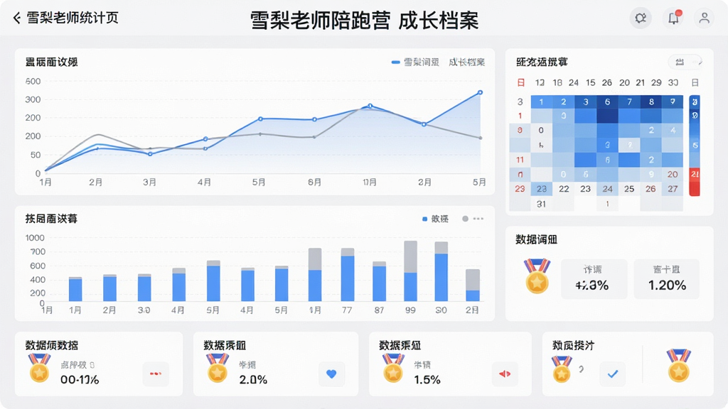 主体为学习数据统计页面,界面顶部显示“雪梨老师陪跑营”成长档案标题;布局为上方折线图、中间柱状图、下方数据卡片;排版采用网格化布局,信息层级分明;风格为简约商务风数据看板,浅灰底色搭配蓝色图表;细节包括日历热力图、百分比数字、奖章图标;画质高清,干净,无多余元素