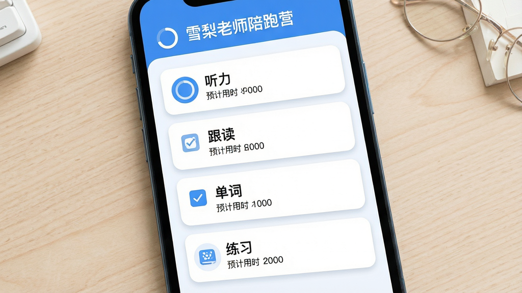 主体为一张每日学习任务清单界面,背景为浅色桌面;布局为垂直列表,顶部显示“雪梨老师陪跑营”标题,下方排列听力、跟读、单词、练习四项任务卡片;排版整齐,每张卡片带有复选框与预计用时;风格为清新教育类App界面设计,蓝白配色;细节包括圆形进度图标、柔和阴影、清晰的文字层级;画质高清,干净,无多余元素