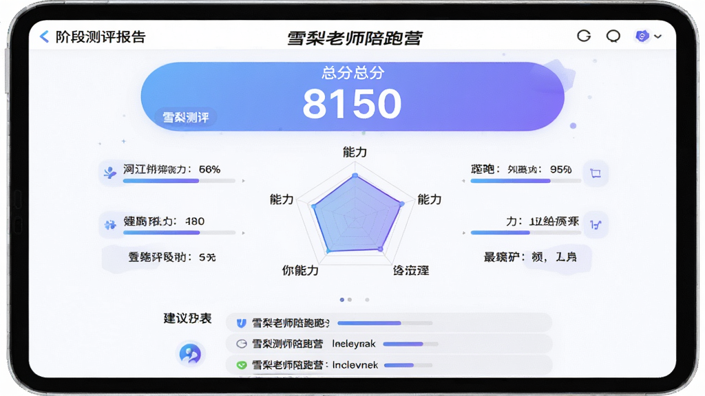 主体为阶段测评报告界面,屏幕中显示“雪梨老师陪跑营”测评结果页;布局为上方总分大数字、中间能力雷达图、下方建议列表;排版居中对称,重点突出分数;风格为现代教育类报告界面,白底配蓝紫渐变;细节包括雷达图各维度标签、进度条、文字建议框;画质高清,干净,无多余元素