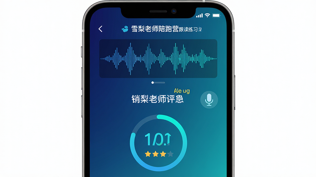 主体为手机屏幕中的跟读评测界面,屏幕上方显示“雪梨老师陪跑营”跟读练习模块;布局为上方波形图、中间句子文本、下方评分圆环;排版左右留白,重点突出评分数字;风格为科技感教育应用界面,深蓝与青色渐变;细节包括声波纹理、麦克风图标、星级评分;画质高清,干净,无多余元素