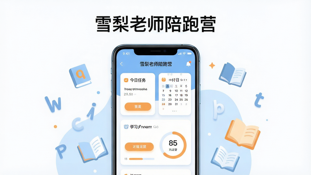 主体为一部竖屏安卓手机,屏幕中显示“雪梨老师陪跑营”应用主界面,界面包含今日任务卡片、打卡日历与学习进度环;布局采用居中构图,手机两侧漂浮英语字母与书本图标;排版干净利落,上方留白放置应用名称文字“雪梨老师陪跑营”;风格为现代扁平化教育类UI插画,色调以浅蓝、白色与暖橙点缀为主;细节包括圆角卡片、柔和阴影、清晰的按钮与进度条;画质高清,干净,无多余元素