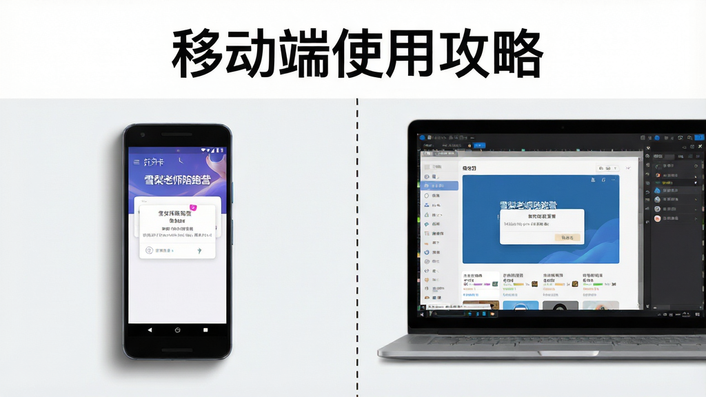 主体为一部安卓手机与一台笔记本电脑并排摆放,手机屏幕显示“雪梨老师陪跑营”打卡界面,电脑屏幕显示模拟器中的学习页面;布局为左右对比构图,中间用虚线分隔;排版简洁,上方留白放置文字“移动端使用攻略”;风格为数码产品展示风,浅色背景;细节包括手机与电脑的阴影、界面清晰可辨、权限设置弹窗示意;画质高清,干净,无多余元素