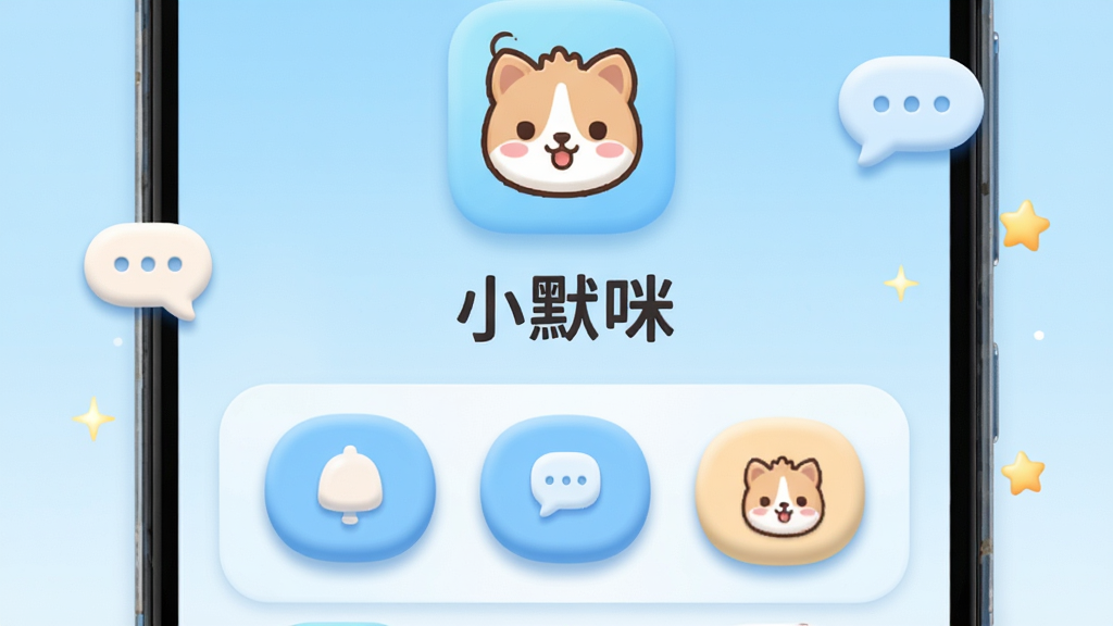 主体为一部安卓手机屏幕特写,屏幕中央显示“小默咪”应用主界面,界面采用圆角卡片布局,上方有卡通风格的小动物图标,下方排列三个功能入口按钮。背景为浅蓝色渐变,手机周围散落几个小巧的聊天气泡和星星装饰元素。排版居中,风格清新可爱,细节上按钮带有轻微立体阴影,图标边缘平滑。画质清晰干净,无多余杂乱元素,整体色调柔和明亮。