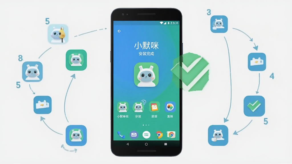 主体为一部安卓手机屏幕显示“小默咪”安装完成后的主界面,画面中手机旁边有一个绿色的安装完成对勾图标。布局为手机居中,周围环绕安装步骤的小图标。风格为扁平化信息图风格,细节上图标简洁,颜色为蓝绿搭配。画质清晰,背景为浅灰色,画面干净整洁。