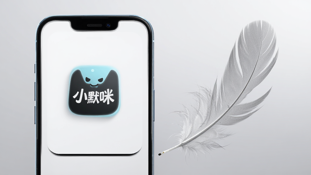 主体为一部手机与一个轻盈的羽毛并排展示,手机屏幕上显示“小默咪”图标,羽毛象征轻量。布局为左右对比,风格为极简科技感,细节上手机边缘有微弱光晕,羽毛纹理清晰。画质干净,背景为浅灰色渐变,无多余元素。