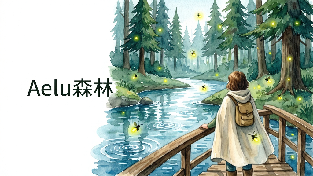 主体为一位身穿浅色斗篷的探索者背影,正站在森林中的木制小桥上,桥下是清澈见底的溪流,周围环绕着高耸的针叶树与飞舞的萤火虫,布局采用三分法构图,探索者位于画面右下侧,左侧留白处可添加文字“Aelu森林”,风格为唯美水彩风,细节上突出水面的波纹反光与萤火虫的光点,画质细腻,画面干净,无多余元素。