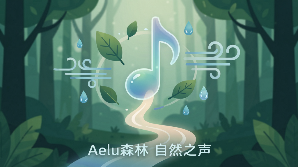 主体是一个悬浮在空中的半透明音符符号,周围环绕着树叶、水滴、风纹等自然元素,音符下方连接着一条柔和的光带延伸至森林深处,布局采用居中对称构图,风格为简约扁平化设计,细节上强调音符的渐变质感与光带的流动感,画质清晰,画面干净,无多余元素,图中可加入文字“Aelu森林 自然之声”。