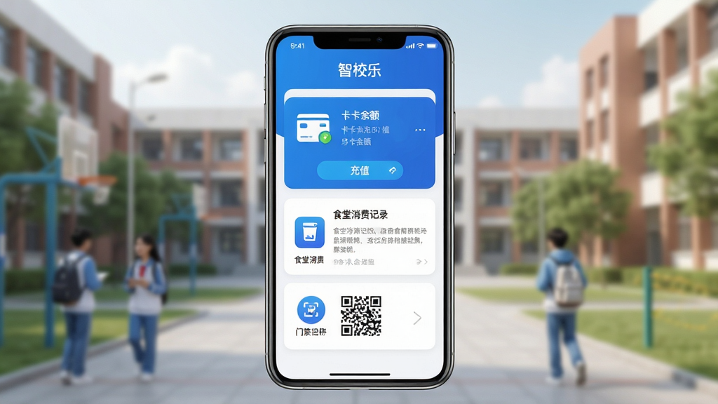 主体:一部智能手机屏幕中展示“智校乐”应用主界面,界面包含一卡通余额、充值入口、食堂消费记录、门禁二维码等功能模块;布局:手机居中放置,背景为简洁的校园场景虚化处理;排版:应用界面清晰完整,功能图标排列整齐;风格:现代简约科技风,色调以蓝白为主;细节:屏幕内文字清晰显示“智校乐”名称,图标精致;画质:高清,干净,无多余元素