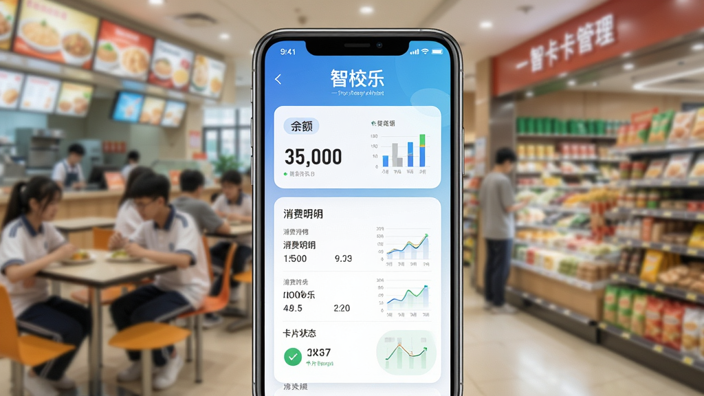 主体:手机屏幕显示“智校乐”一卡通管理界面,包含余额数字、消费明细列表、卡片状态标识;布局:手机居中,背景为食堂与超市的模糊场景;排版:信息卡片式排列,层次分明;风格:清新校园风,蓝白渐变色调;细节:界面中“智校乐”字样清晰可见,数据图表简洁;画质:高清,干净,无多余元素