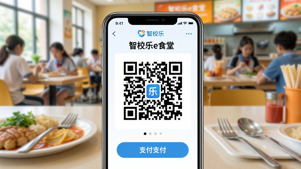 主体:手机屏幕展示“智校乐”食堂支付二维码界面,背景为校园食堂就餐环境;布局:手机居中,二维码醒目,周围有餐盘与餐具虚化元素;排版:支付界面简洁直观,按钮突出;风格:明亮活泼的校园风格;细节:屏幕内显示“智校乐e食堂”字样,二维码清晰;画质:高清,干净,无多余元素