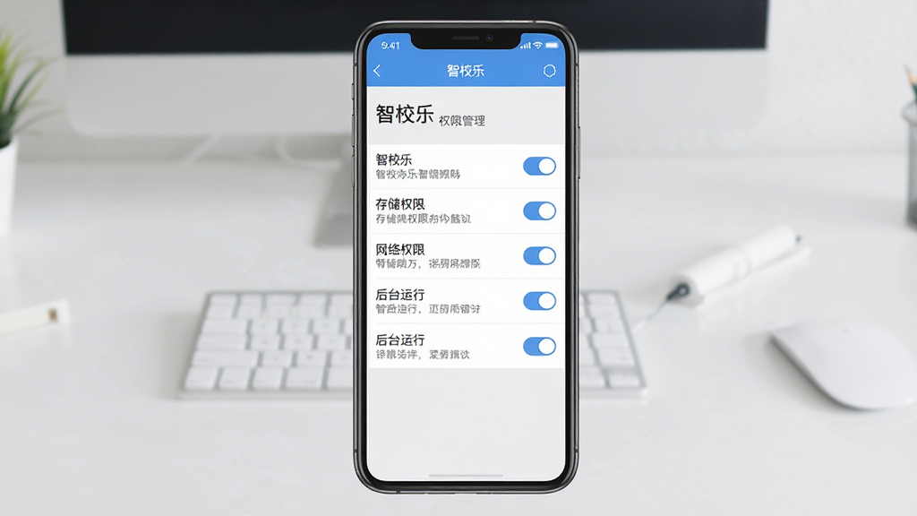 主体:手机屏幕显示“智校乐”设置与权限管理界面,包含存储权限、网络权限、后台运行等选项;布局:手机居中,背景为简洁桌面;排版:设置列表清晰,开关按钮明显;风格:扁平化设计,浅灰与蓝色搭配;细节:界面中“智校乐”名称可见,权限说明文字清晰;画质:高清,干净,无多余元素