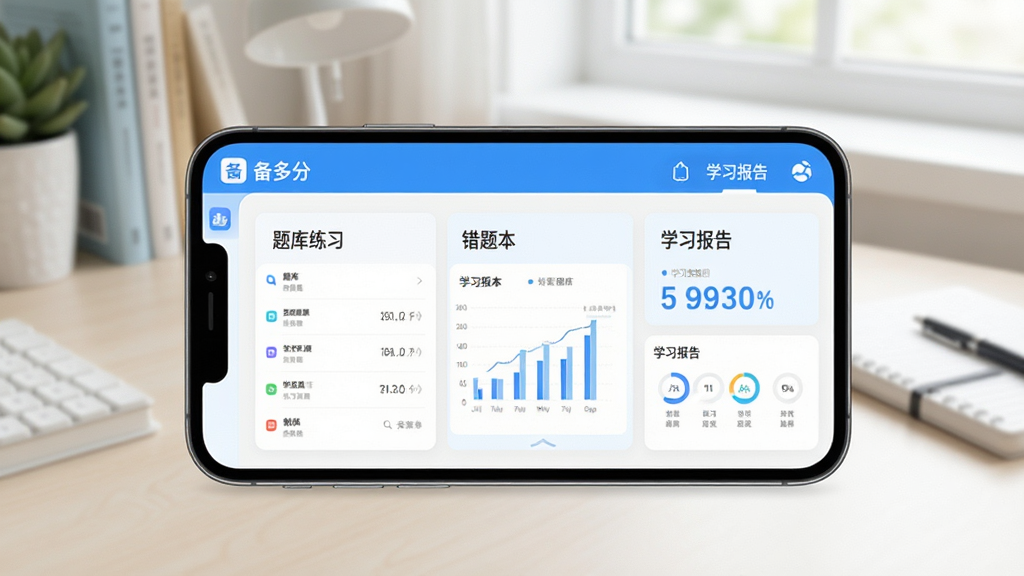 备多分软件主界面全貌展示,包含题库练习、错题本、学习报告等核心功能模块,界面采用清新蓝白配色,布局简洁清晰,手机屏幕中显示着