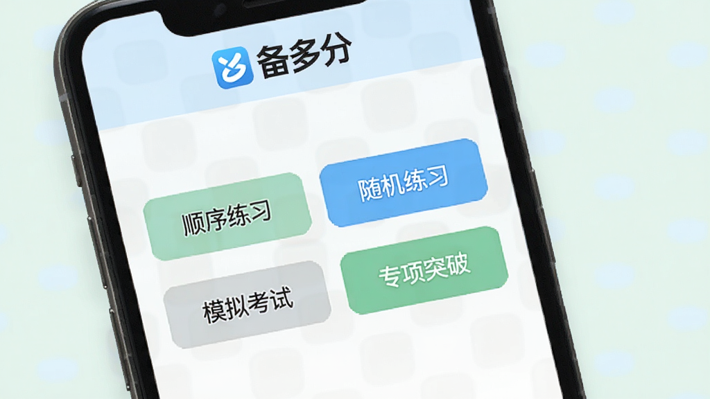 备多分题库练习模式选择界面,手机屏幕中展示着