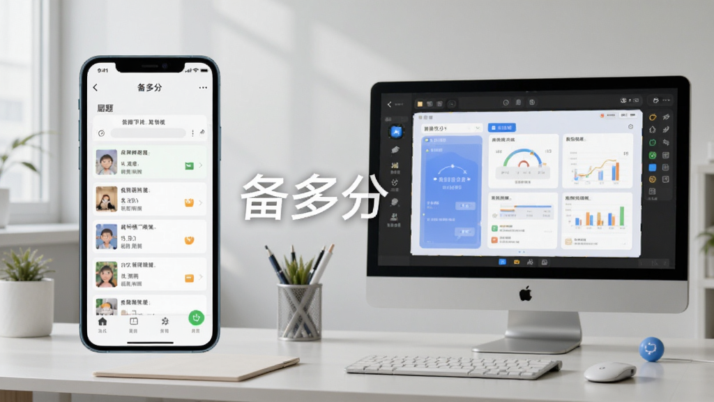 备多分移动端与电脑端操作对比示意图,左侧手机展示竖屏刷题界面,右侧电脑展示模拟器横屏学习界面,中间有