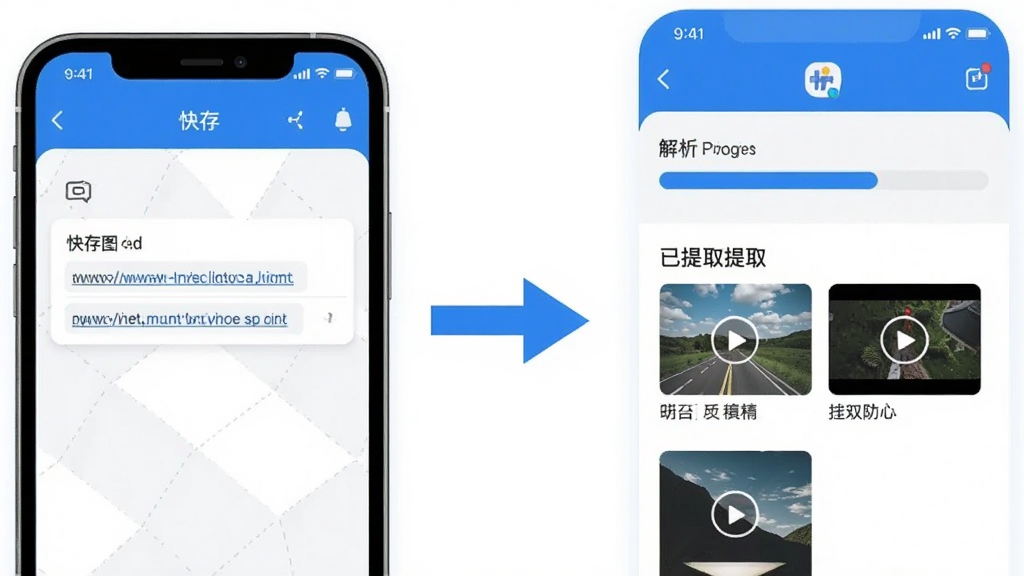 一张表现快存图链接解析功能的示意图,画面左侧显示一个复制了链接的手机界面,一条箭头指向右侧的快存图应用界面,界面中展示解析进度条和已提取出的图片与视频缩略图,整体采用科技蓝与白色搭配,风格扁平化,细节清晰,排版简洁,画质干净,无多余元素,图片中不得出现任何文字