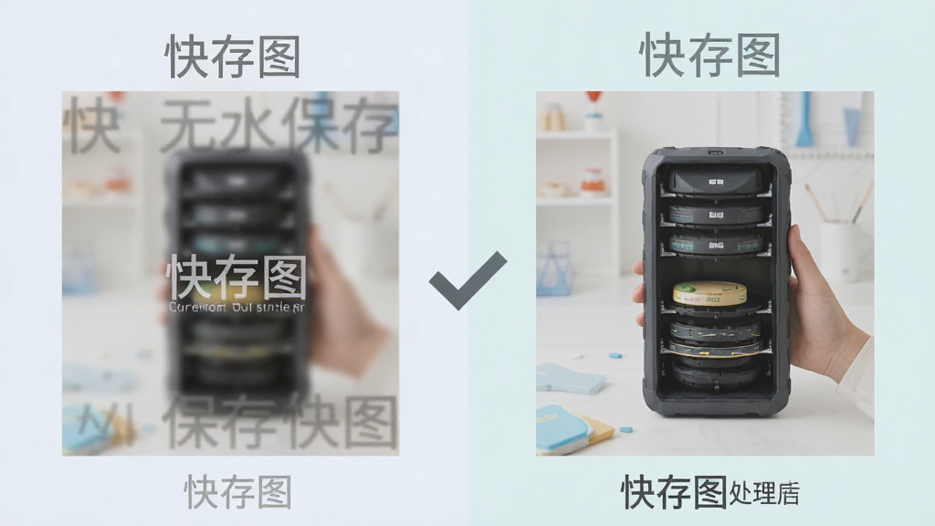 一张展示快存图无水印保存效果的对比图,画面分为左右两部分,左侧展示带有水印和模糊压缩的图片,右侧展示经过快存图处理后清晰无水印的同一张图片,中间用对勾箭头连接,背景为浅色,风格简洁直观,细节清晰,画质干净,无多余元素,图片中不得出现任何文字