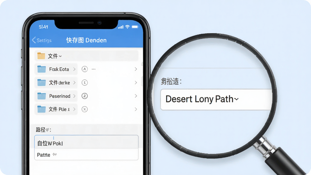 一张展示快存图存储路径设置界面的示意图,画面中一部手机显示设置页面,页面上有文件夹选择列表和路径输入框,旁边用放大镜效果突出显示自定义路径选项,背景为浅蓝色,风格简约商务,细节清晰,画质干净,无多余元素,图片中不得出现任何文字