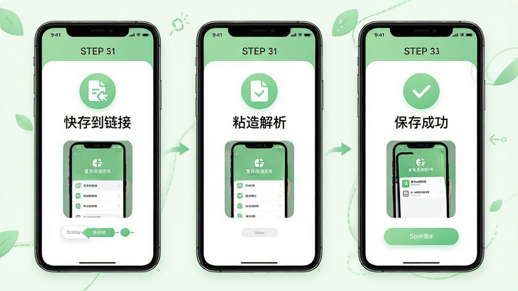 一张展示快存图使用流程的步骤示意图,画面以手机界面为主体,从左到右依次展示复制链接、粘贴解析、保存成功三个步骤,每个步骤用简洁的图标和缩略图表示,整体采用浅绿色与白色搭配,风格清新明快,细节清晰,排版流畅,画质干净,无多余元素,图片中不得出现任何文字