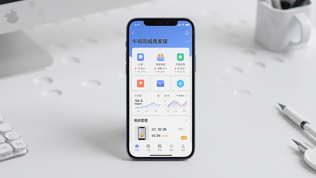 画面主体是一部智能手机,屏幕上显示牛鸣同城商家端的应用界面,包含订单列表和商品管理模块,布局为手机居中展示,背景是简洁的浅灰色工作台环境,排版采用上下结构,上方为应用标题下方为功能图标网格,风格为现代扁平化UI设计,细节包括清晰的图标、数据图表和订单卡片,画质为高清4K,干净无多余元素