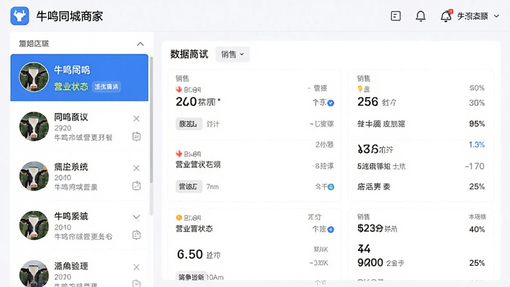 画面主体是牛鸣同城商家端的多店铺管理界面,布局为左侧店铺列表右侧数据面板,排版采用分栏结构,风格为清爽的商务蓝白配色,细节包括店铺头像、营业状态标签和销售数字,画质为高清,干净无多余元素