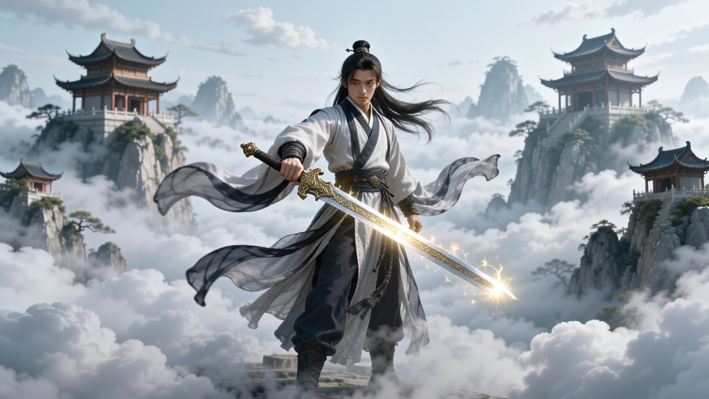 一剑断念 仙侠世界 唯美国风 主角持剑立于云海之上 背景有仙山楼阁 布局中心对称 排版上下分层 风格国风仙侠 细节剑身发光 衣袂飘动 云雾缭绕 画质高清 干净 无多余元素