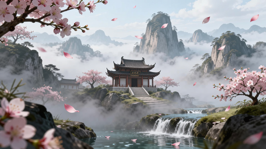 一剑断念 国风仙侠场景 云雾缭绕的仙山 画面中央有古风建筑 布局远景近景层次分明 排版横向延展 风格唯美中国风 细节桃花飘落 流水潺潺 画质高清 干净 无多余元素