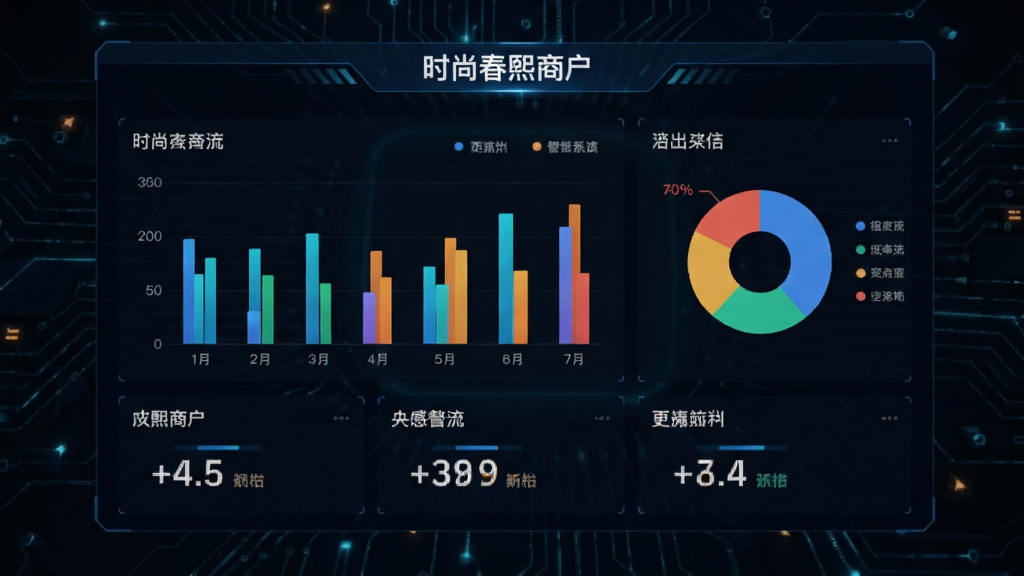 画面中央为一块数据看板界面,展示“时尚春熙商户”后台的营业数据图表,包括柱状图、饼图和数字指标,背景为深色科技感底纹,布局为居中展示,风格为数据可视化风格,细节上图表颜色对比鲜明,画质高清,干净,无多余元素