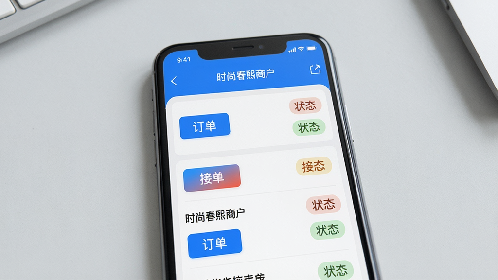 画面中央为手机屏幕特写,显示“时尚春熙商户”订单管理页面,订单列表清晰排列,带有接单按钮和状态标签,背景为浅灰色桌面,布局为居中特写,风格为清爽实用,细节上按钮颜色醒目,画质高清,干净,无多余元素