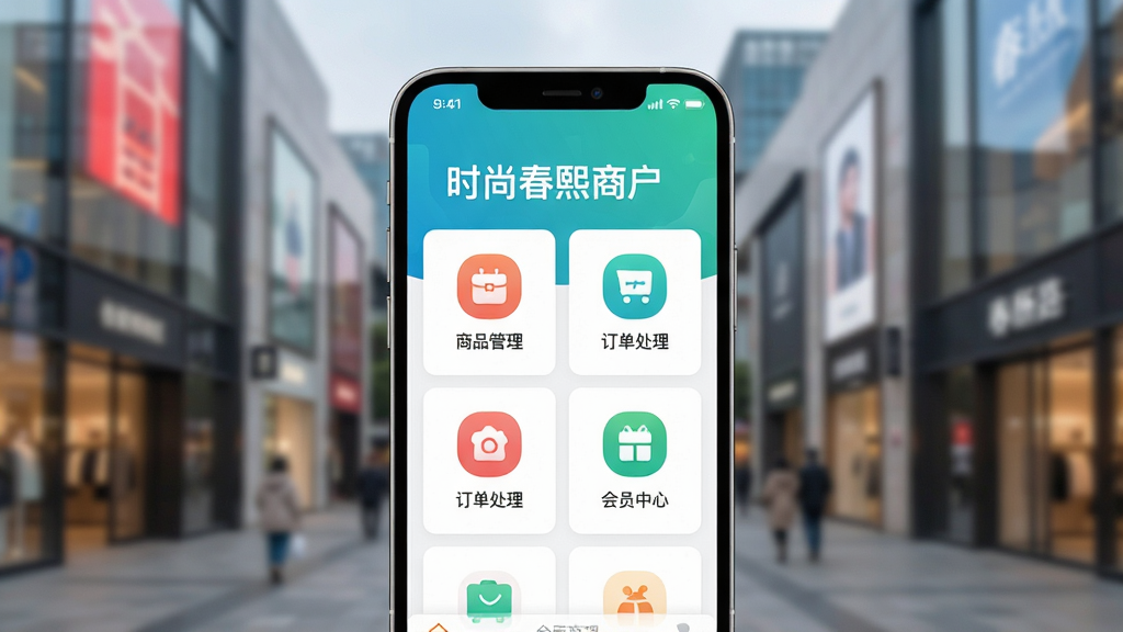 画面中央展示一部智能手机,手机屏幕上显示“时尚春熙商户”应用主界面,界面包含商品管理、订单处理、会员中心等模块图标,背景为春熙路商圈街景虚化效果,整体布局采用居中构图,风格为现代商务科技感,细节上手机边框圆润,屏幕色彩明亮清晰,画质高清,干净,无多余元素