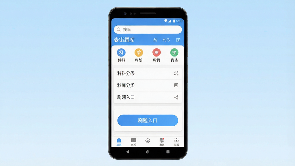一张手机屏幕正面展示“麦街题库”APP主界面的预览图,主体为一部竖屏安卓手机居中放置,屏幕内显示题库分类列表和刷题入口按钮,布局干净整齐,背景为浅蓝渐变纯色,风格为扁平化UI设计,细节包含顶部搜索框、科目图标、底部导航栏,画质清晰,干净,无多余元素