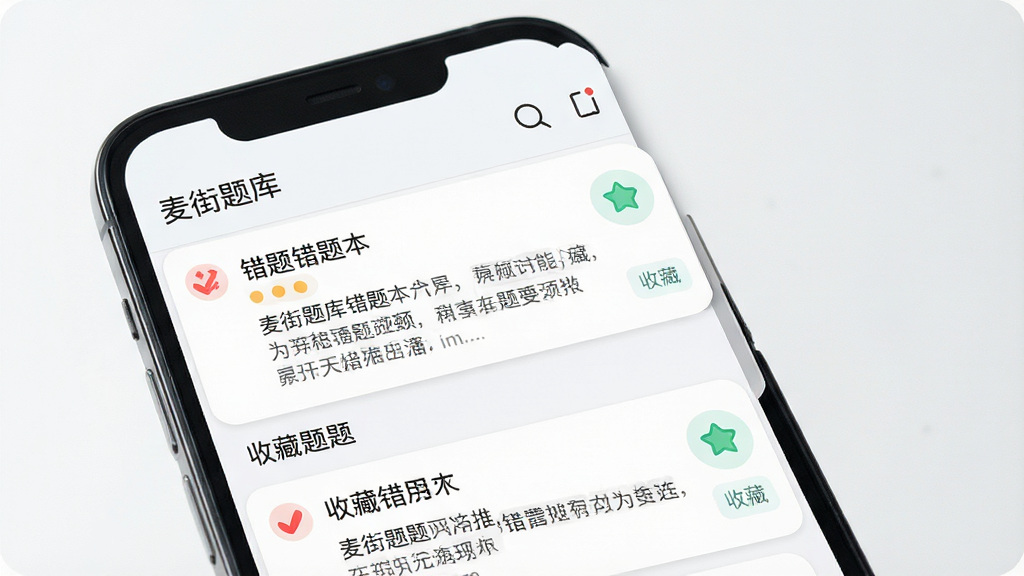 一张展示“麦街题库”错题本和收藏夹功能页面的预览图,主体为手机屏幕特写,屏幕内显示错题列表和收藏题目卡片,布局为上下滑动列表形式,风格为清新浅色系移动端设计,细节包含红色错题标记、绿色收藏图标、题目摘要文字,画质清晰,干净,无多余元素