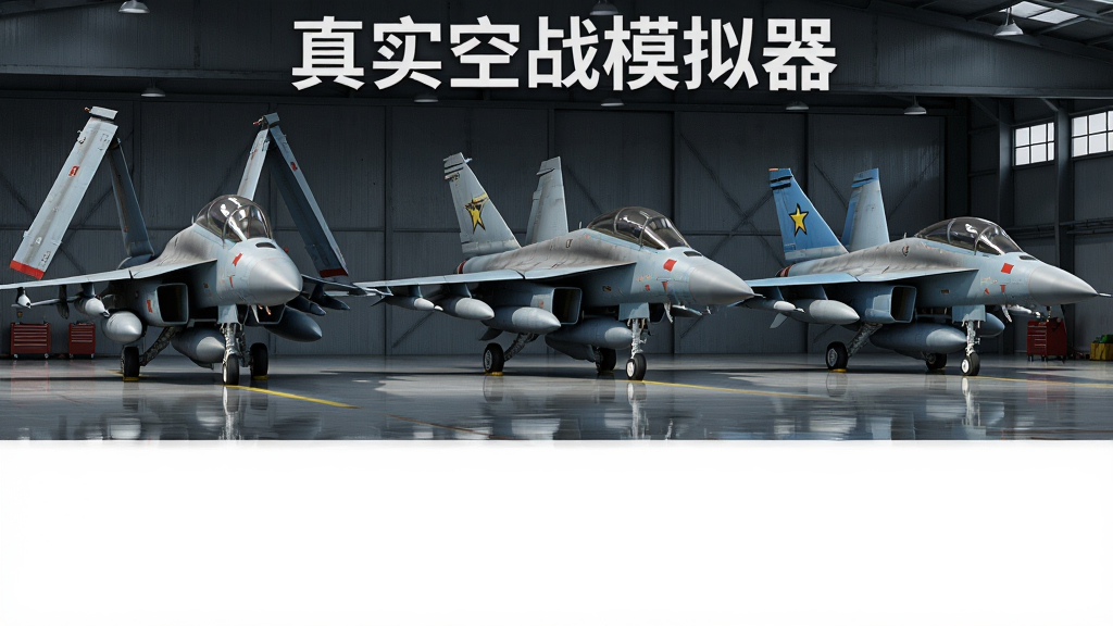 画面主体为三架不同型号战斗机并排停放于机库中,布局为横向排列,排版下方留白。风格为军事写实,细节包括机翼折叠、导弹挂架、机身涂装、地面反射,画质超清,干净无多余元素。画面中打文字“真实空战模拟器”位于机库顶部。
