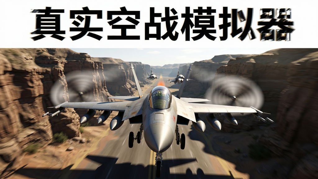 画面主体为战斗机在峡谷中低空穿越,布局为纵深透视,排版上方留白。风格为写实飞行,细节包括岩壁纹理、机翼涡流、阳光照射、地面阴影,画质4K,干净无多余元素。画面中打文字“真实空战模拟器”位于画面顶部。