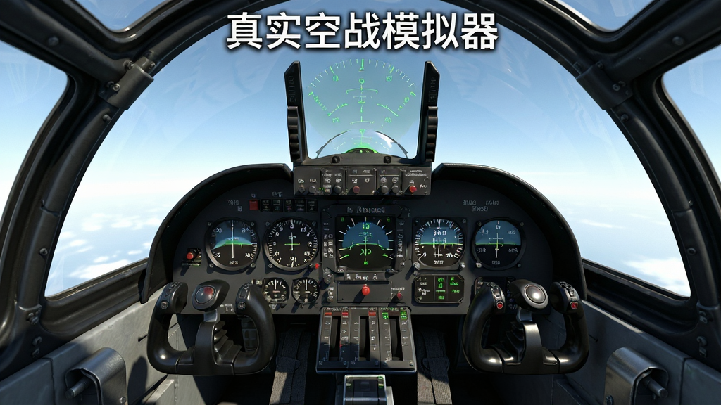 画面主体为一架战斗机座舱内部第一人称视角,布局为中心对称,前方是平视显示器与仪表盘,排版突出仪表读数与外部天空。风格为写实座舱模拟,细节包括HUD字符、油门杆、操纵杆、座椅安全带、舱盖反光,画质高清,干净无多余元素。画面中打文字“真实空战模拟器”位于仪表盘上方。