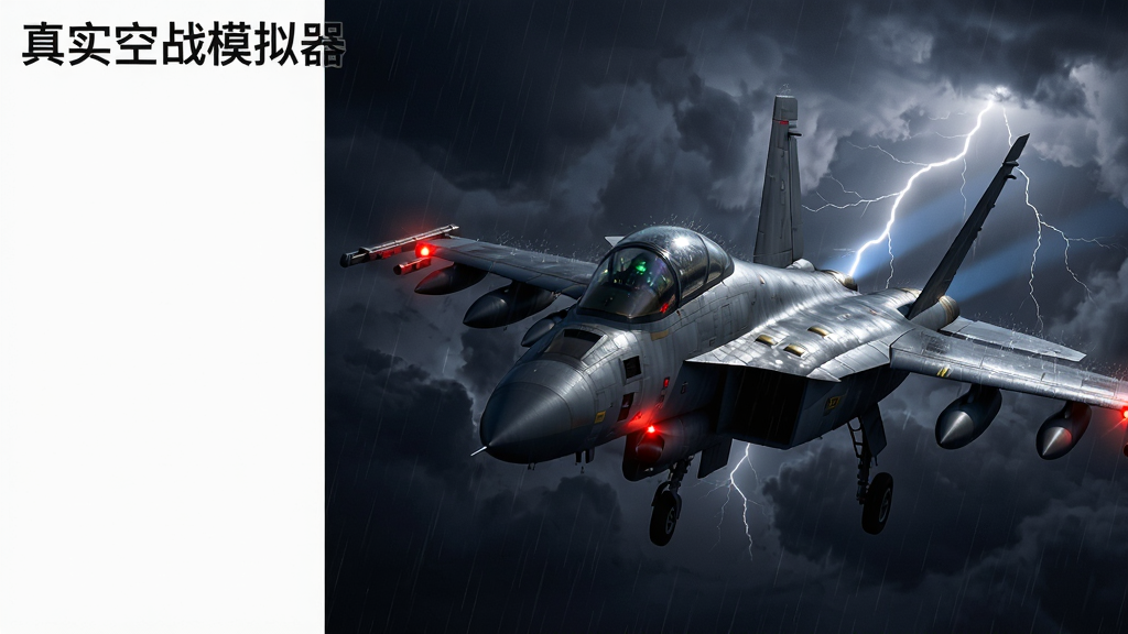 画面主体为一架战斗机在暴雨夜空中飞行,布局为居中偏右,排版左侧留白。风格为暗黑写实,细节包括雨滴打在座舱盖、闪电照亮云层、航行灯闪烁、机翼上的雨水反光,画质高清,干净无多余元素。画面中打文字“真实空战模拟器”位于画面左上角。