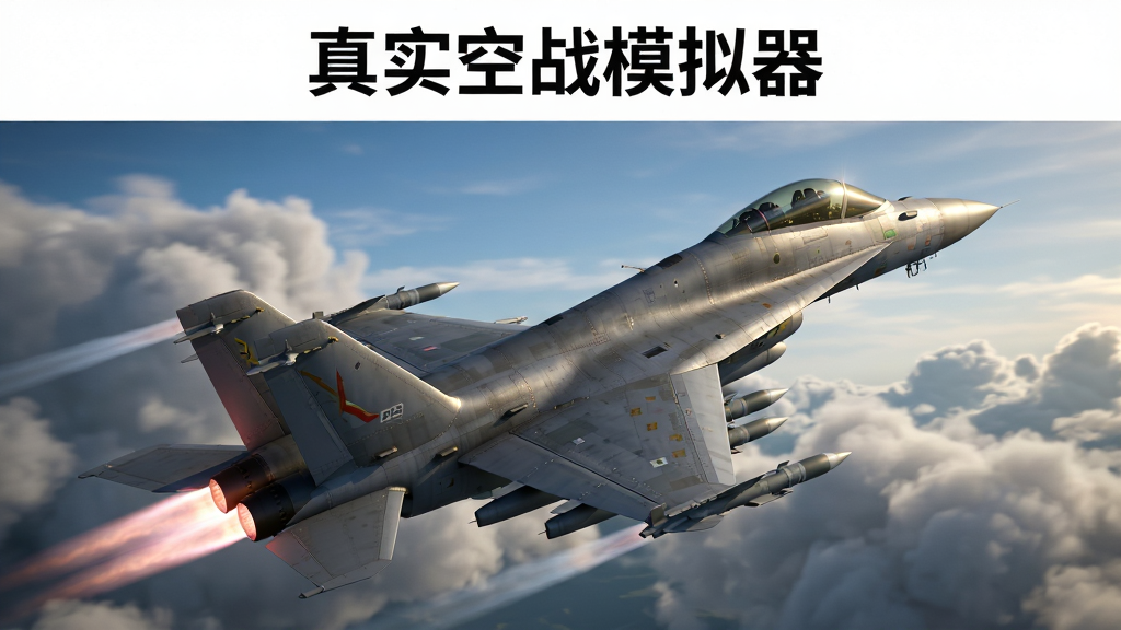 画面主体为一架现代战斗机在云层上方高速飞行,布局采用对角线构图,战机位于画面左下向右上爬升,背景是广阔蓝天与厚重积云,排版上方留白用于标题展示。风格为写实军事模拟,细节包括机身铆钉、座舱反光、尾焰热流、导弹挂架清晰可见,光影为午后侧逆光,画质4K超清,干净无多余元素。画面中打文字“真实空战模拟器”置于顶部中央。