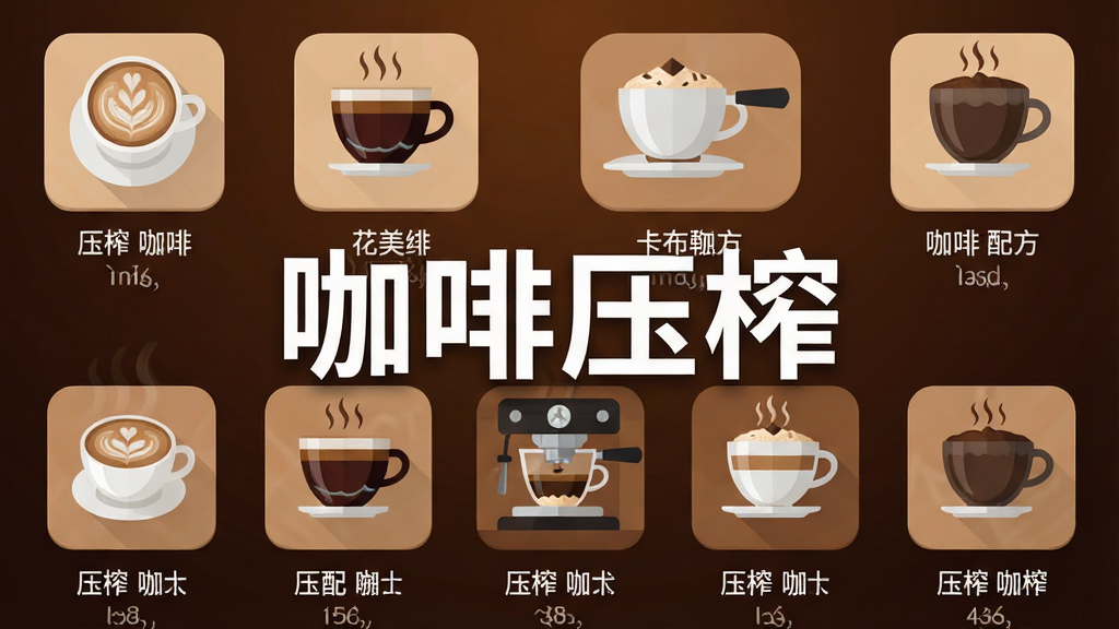 一张展示咖啡压榨应用内多种咖啡配方的界面图,画面中排列着拿铁、美式、卡布奇诺等咖啡图标,每个图标下方配有简单的压榨步骤说明,背景是深棕色渐变,图标采用扁平化设计风格,画质清晰干净,无多余元素,图片中央用白色粗体字写着