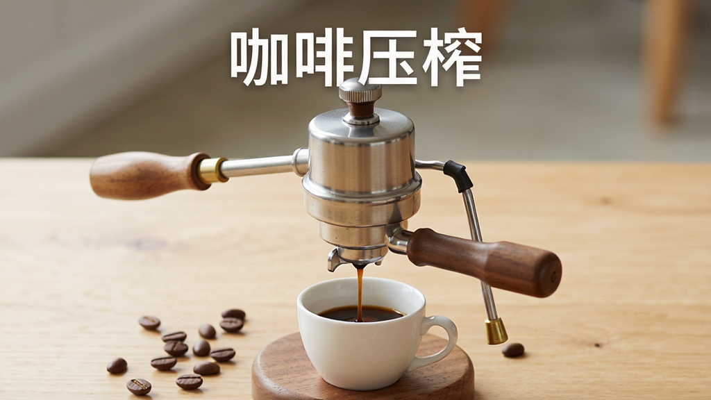 一张干净明亮的手机应用界面截图,画面中央是一台复古风格的咖啡压榨机,金属质感的手柄和木质底座清晰可见,咖啡液体正从压榨口缓缓滴入下方白色陶瓷杯中,背景是浅木色桌面和几颗散落的咖啡豆,整体风格温馨写实,画质清晰干净,无多余元素,图片上方用白色字体写着