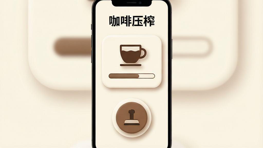 一张咖啡压榨应用的竖版手机界面展示图,画面中显示一个圆形压榨按钮位于屏幕下方,上方有咖啡杯和进度条,周围有柔和的阴影和圆角设计,整体配色以米白和咖啡棕为主,风格清新简约,画质干净清晰,无多余元素,屏幕顶部用黑色字体写着