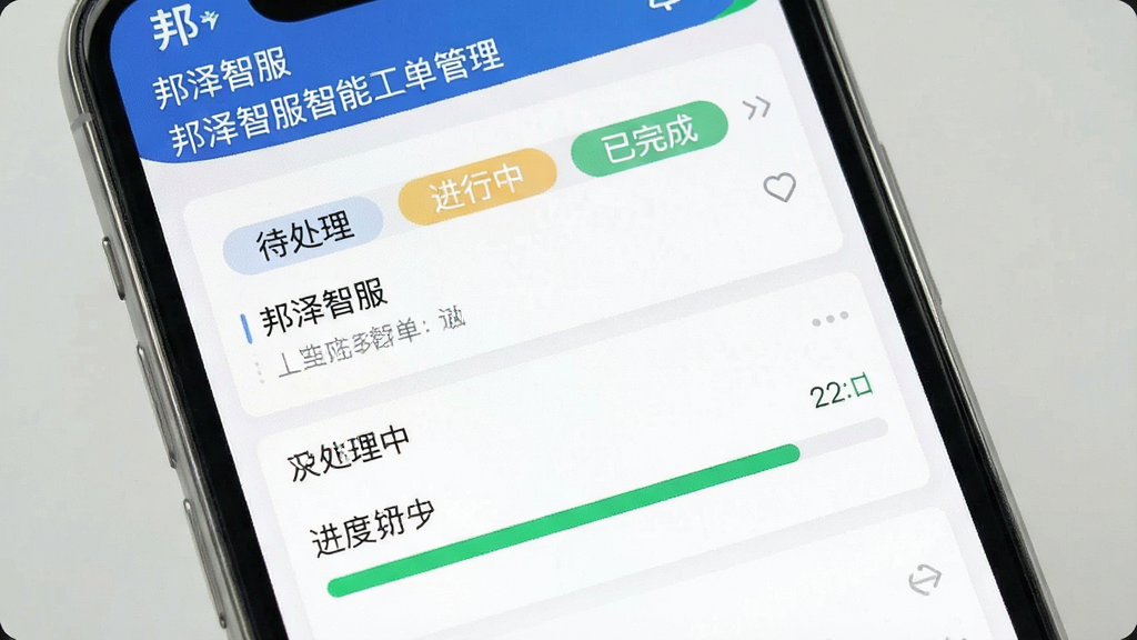 一张展示邦泽智服智能工单管理功能的界面截图,画面中为手机屏幕,屏幕内显示工单列表与进度条,包含“待处理”“进行中”“已完成”等标签,界面风格清爽,布局合理,细节丰富,画质干净,无多余元素,图片中文字为“邦泽智服”